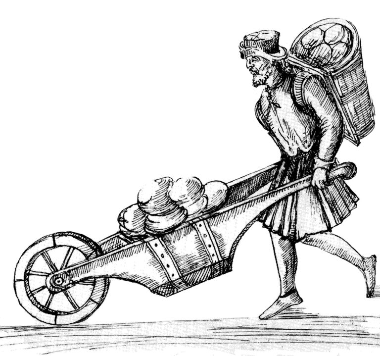 Steinbrucharbeiter mit Schubkarre und Tragkorb im „Instrumentenbuch I“ von Herzog Julius (1568-89).Aus: G. Spies 1992.
